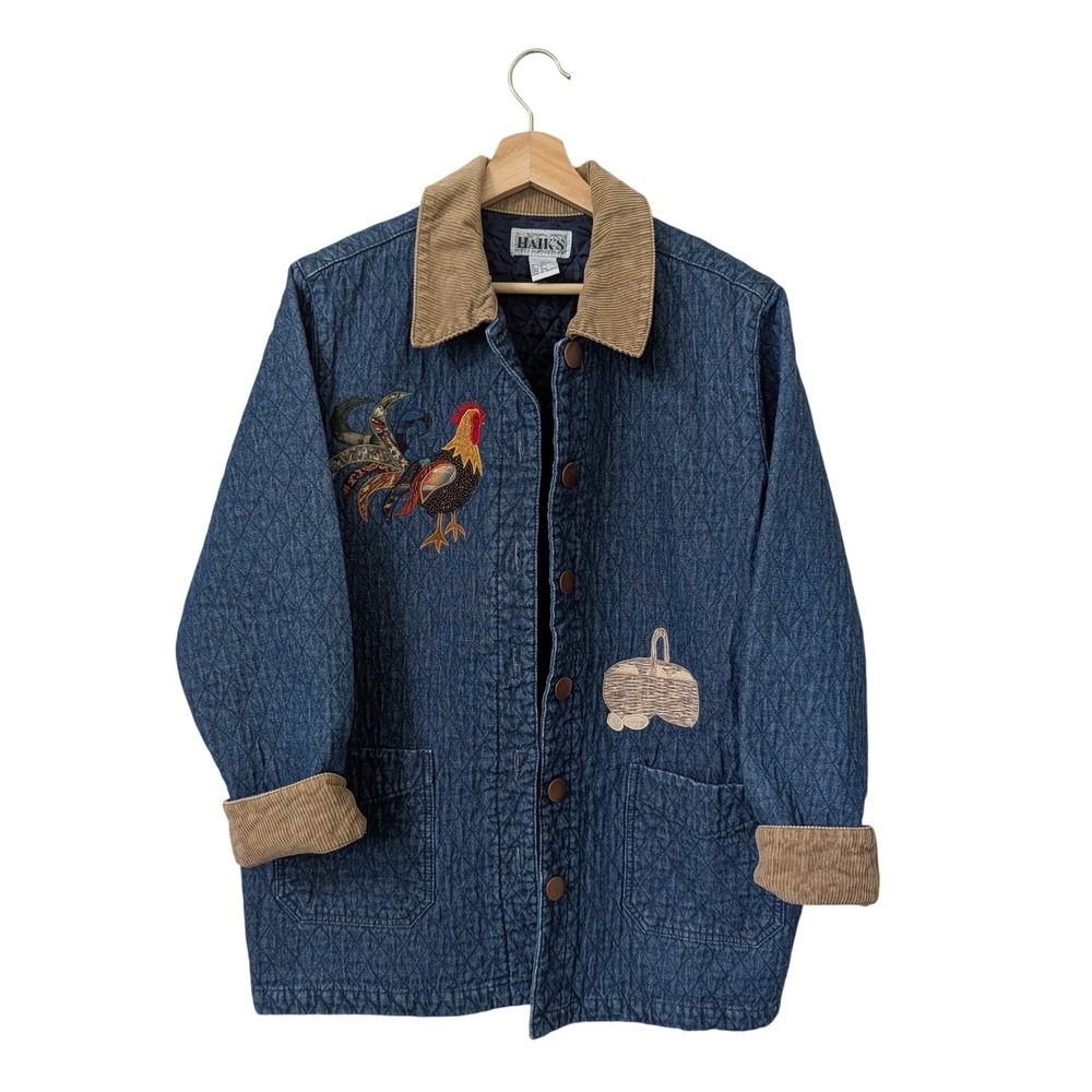 Vintage Quilted Denim Barn Jacket CottageCore Rooster Women's L Chore Coat